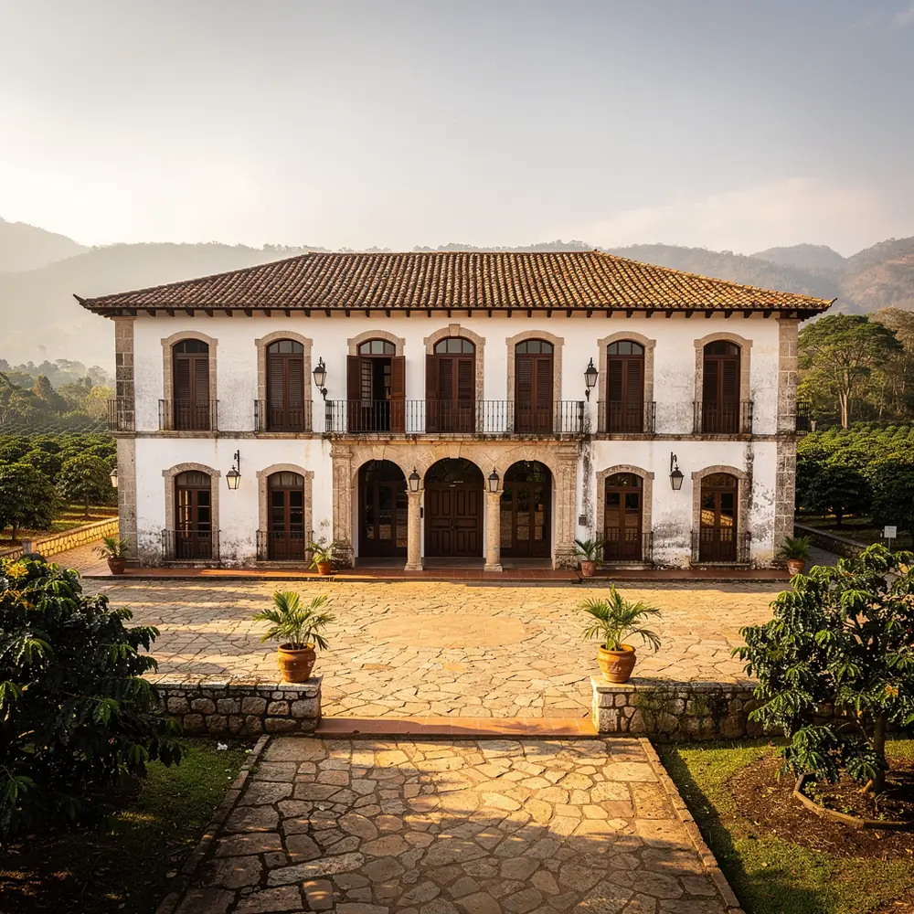 Casona de la hacienda entre cafetales, con la sierra al fondo.
