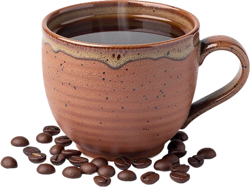 Taza de café artesanal con granos alrededor.
